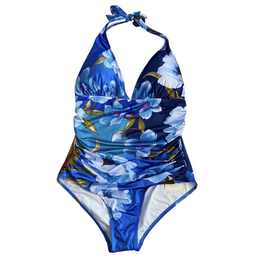 Gottex Women's Ruched Halter Tie 1 Pc Bathing suit Blue Floral Size 8 NEW